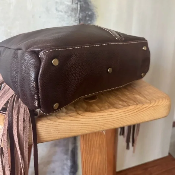 Brown and Cream Leather Fringe Handbag - Picture 9 of 9